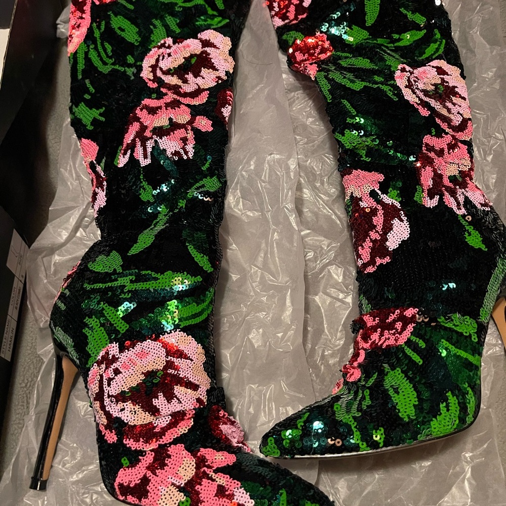 Cassia Sequin Knee High Boots - Black/combo
